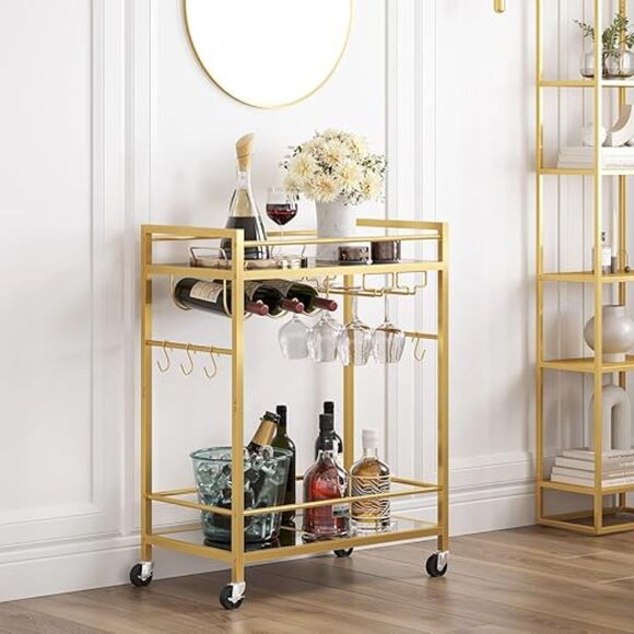 Mobile Kitchen Shelf with Wine Rack and Glass Holder, Rolling Beverage Cart - Picture 4 of 4